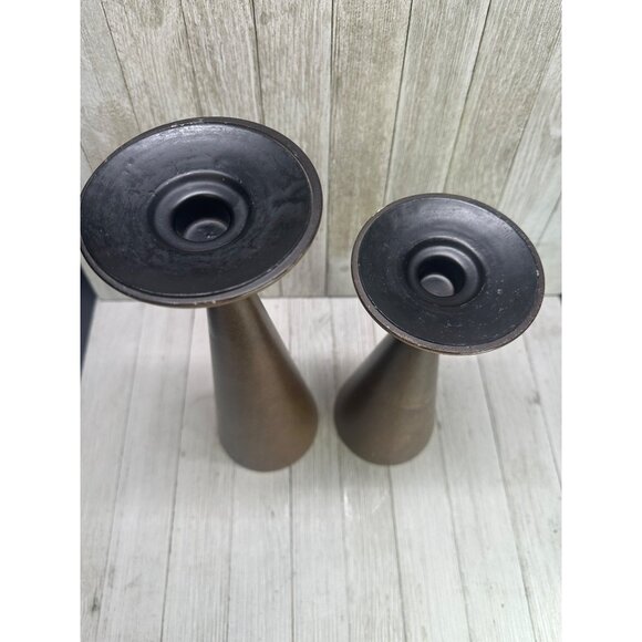 Vtg Mid Century Wooden Candlestick Holders Teak Color 12" & 10" Tall Set of 2 - Picture 3 of 9